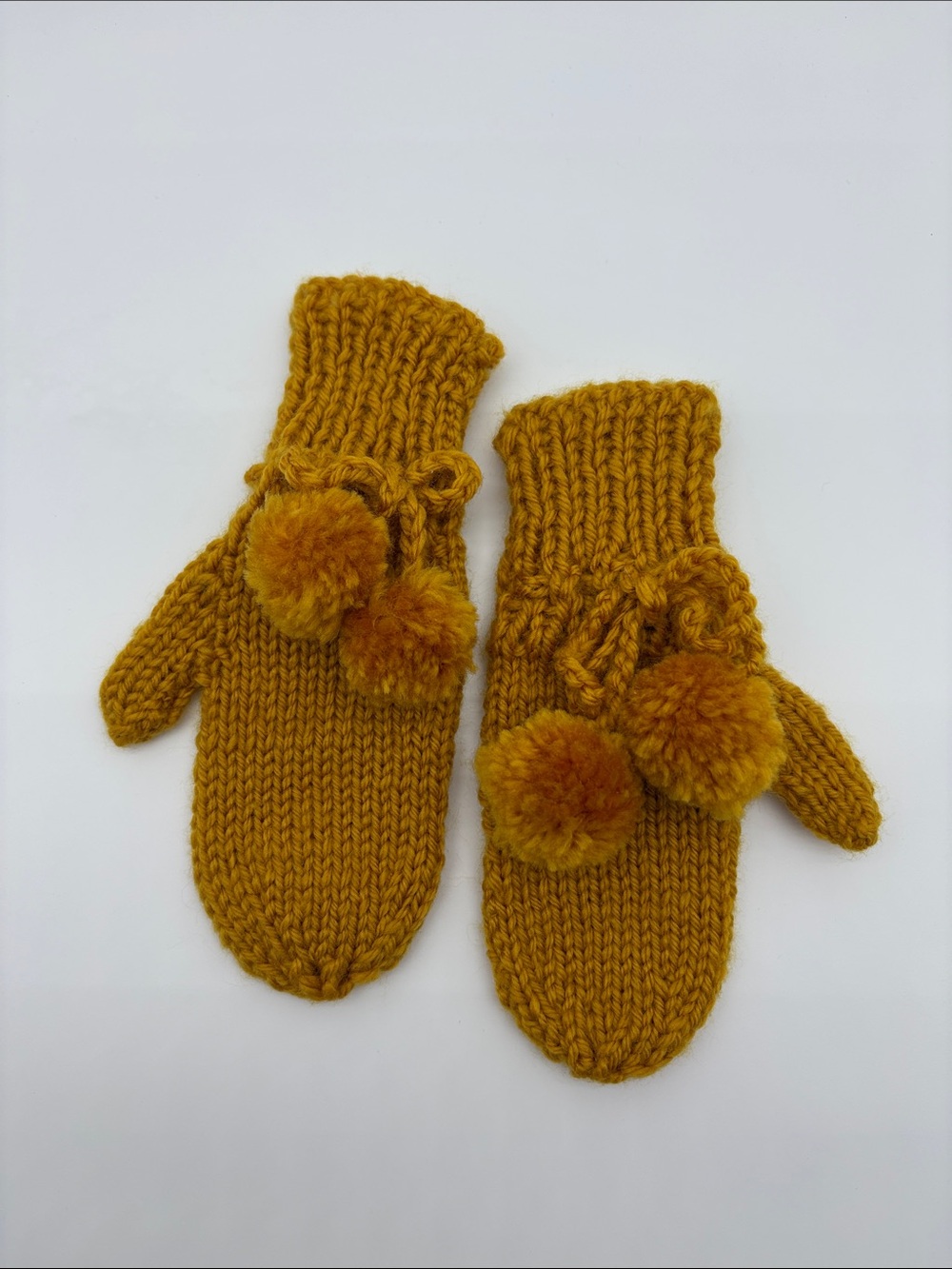 Kids Hand-Knit Pom-Pom Mittens in Mustard